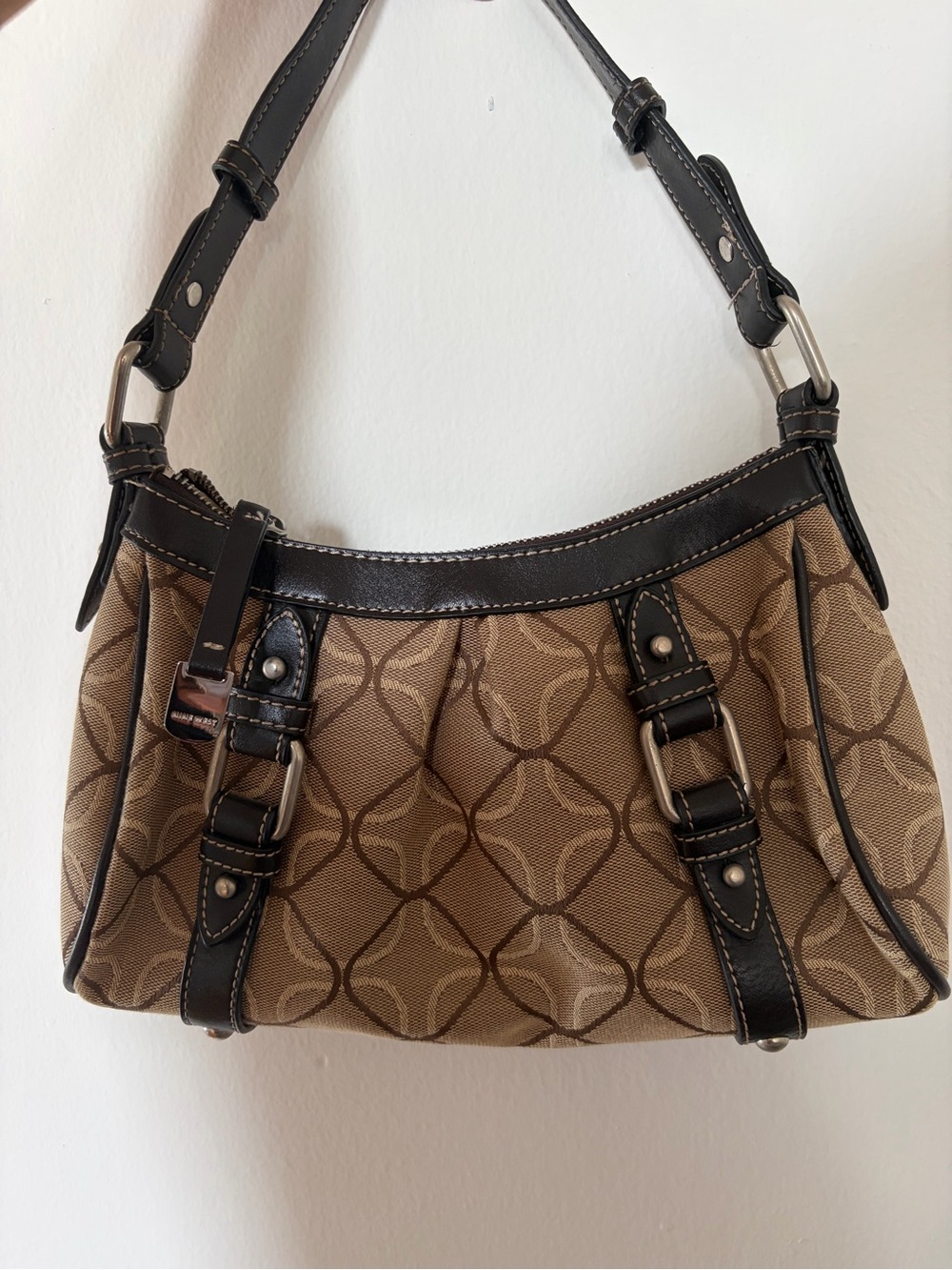 Brown Patterned Shoulder Bag with Dark Trim
